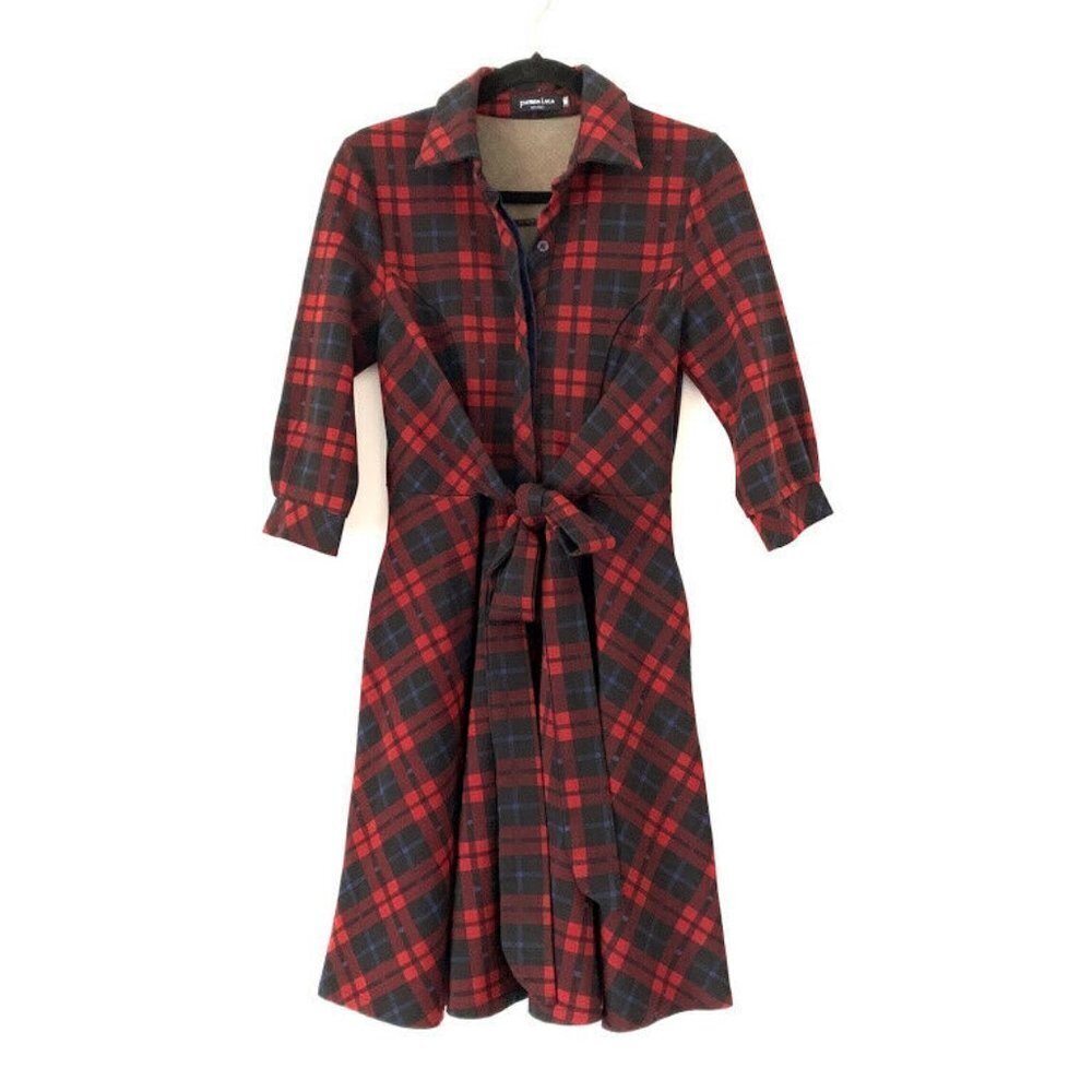Patrizia Luca Milano M Red Plaid Tie Shirt Dress